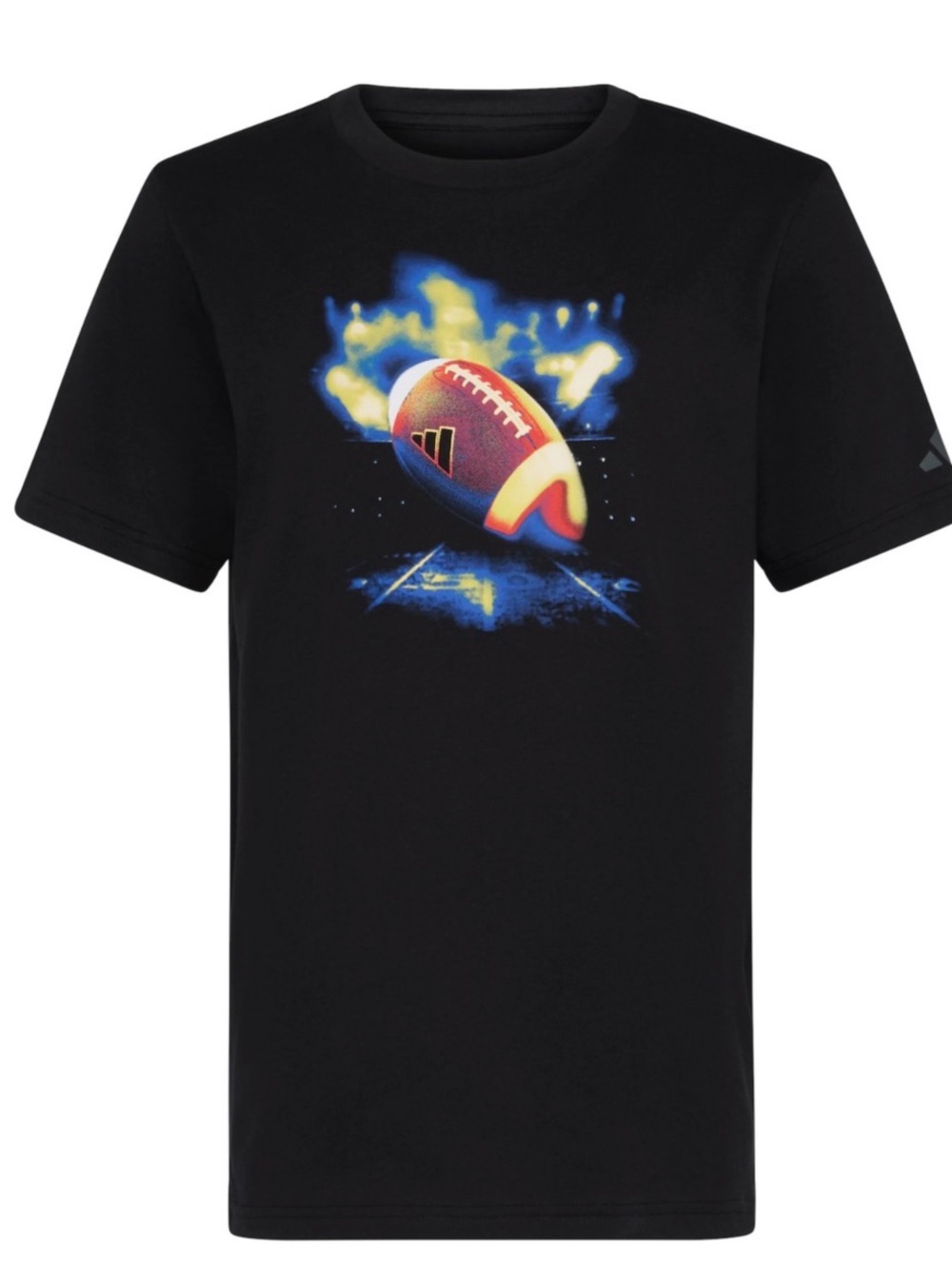 adidas Black Graphic Football Tee with Blue and Yellow Accents
